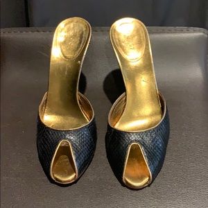 Gucci black gold 37.5 heels authentic peep toe